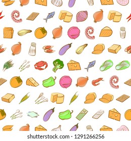 Cheeses, Cutlery, Seafood, Table setting and Vegetables set. Background for printing, design, web. Usable as icons. Seamless. Colored.