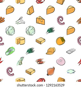 Cheeses, Cutlery, Seafood, Table setting and Vegetables set. Background for printing, design, web. Usable as icons. Seamless. Colored.