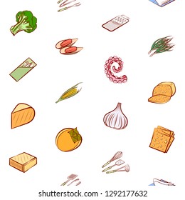 Cheeses, Cutlery, Seafood, Table setting and Vegetables set. Background for printing, design, web. Usable as icons. Seamless. Colored.