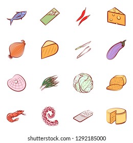 Cheeses, Cutlery, Seafood, Table setting and Vegetables set. Background for printing, design, web. Usable as icons. Colored.