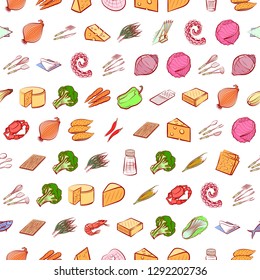 Cheeses, Cutlery, Seafood, Table setting and Vegetables set. Background for printing, design, web. Usable as icons. Seamless. Colored.