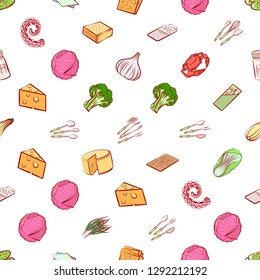 Cheeses, Cutlery, Seafood, Table setting and Vegetables set. Background for printing, design, web. Usable as icons. Seamless. Colored.