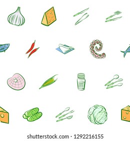 Cheeses, Cutlery, Seafood, Table setting and Vegetables set. Background for printing, design, web. Usable as icons. Seamless. Colored.