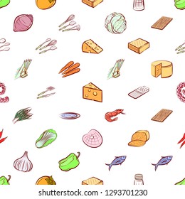 Cheeses, Cutlery, Seafood, Table setting and Vegetables set. Background for printing, design, web. Usable as icons. Seamless. Colored.
