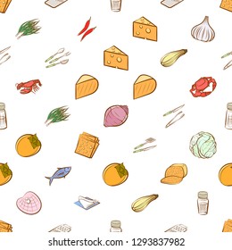 Cheeses, Cutlery, Seafood, Table setting and Vegetables set. Background for printing, design, web. Usable as icons. Seamless. Colored.