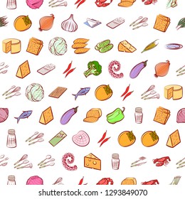 Cheeses, Cutlery, Seafood, Table setting and Vegetables set. Background for printing, design, web. Usable as icons. Seamless. Colored.