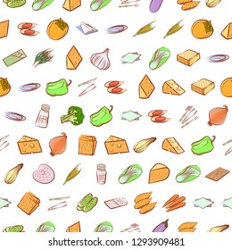 Cheeses, Cutlery, Seafood, Table setting and Vegetables set. Background for printing, design, web. Usable as icons. Seamless. Colored.