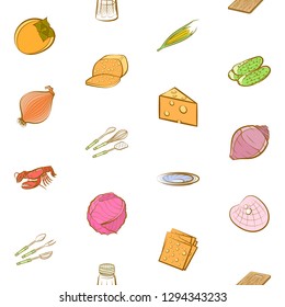Cheeses, Cutlery, Seafood, Table setting and Vegetables set. Background for printing, design, web. Usable as icons. Seamless. Colored.