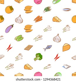 Cheeses, Cutlery, Seafood, Table setting and Vegetables set. Background for printing, design, web. Usable as icons. Seamless. Colored.