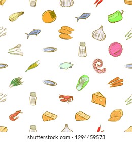 Cheeses, Cutlery, Seafood, Table setting and Vegetables set. Background for printing, design, web. Usable as icons. Seamless. Colored.