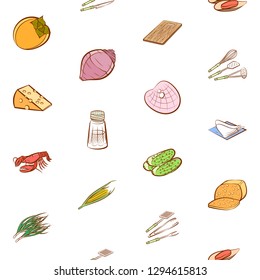 Cheeses, Cutlery, Seafood, Table setting and Vegetables set. Background for printing, design, web. Usable as icons. Seamless. Colored.
