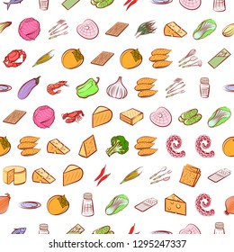 Cheeses, Cutlery, Seafood, Table setting and Vegetables set. Background for printing, design, web. Usable as icons. Seamless. Colored.