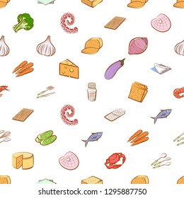 Cheeses, Cutlery, Seafood, Table setting and Vegetables set. Background for printing, design, web. Usable as icons. Seamless. Colored.