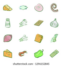 Cheeses, Cutlery, Seafood, Table setting and Vegetables set. Background for printing, design, web. Usable as icons. Colored.