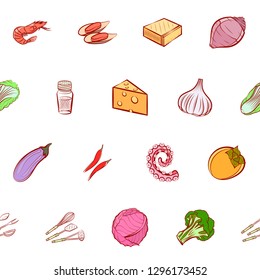 Cheeses, Cutlery, Seafood, Table setting and Vegetables set. Background for printing, design, web. Usable as icons. Seamless. Colored.