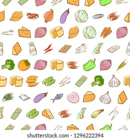 Cheeses, Cutlery, Seafood, Table setting and Vegetables set. Background for printing, design, web. Usable as icons. Seamless. Colored.