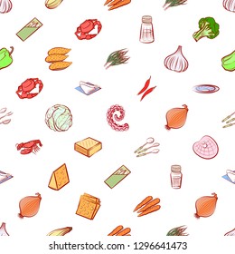 Cheeses, Cutlery, Seafood, Table setting and Vegetables set. Background for printing, design, web. Usable as icons. Seamless. Colored.