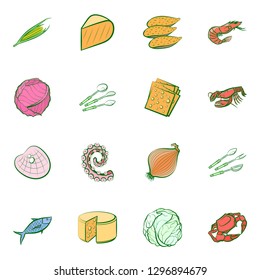 Cheeses, Cutlery, Seafood, Table setting and Vegetables set. Background for printing, design, web. Usable as icons. Colored.