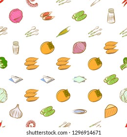 Cheeses, Cutlery, Seafood, Table setting and Vegetables set. Background for printing, design, web. Usable as icons. Seamless. Colored.