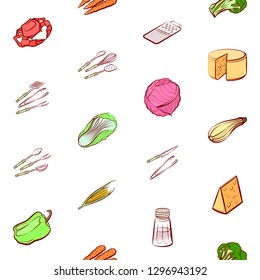 Cheeses, Cutlery, Seafood, Table setting and Vegetables set. Background for printing, design, web. Usable as icons. Seamless. Colored.