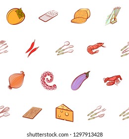 Cheeses, Cutlery, Seafood, Table setting and Vegetables set. Background for printing, design, web. Usable as icons. Seamless. Colored.