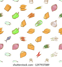 Cheeses, Cutlery, Seafood, Table setting and Vegetables set. Background for printing, design, web. Usable as icons. Seamless. Colored.