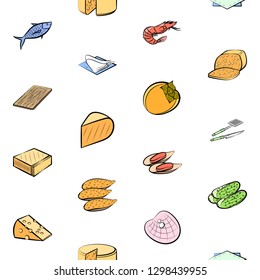Cheeses, Cutlery, Seafood, Table setting and Vegetables set. Background for printing, design, web. Usable as icons. Seamless. Colored.