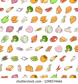 Cheeses, Cutlery, Seafood, Table setting and Vegetables set. Background for printing, design, web. Usable as icons. Seamless. Colored.