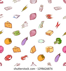 Cheeses, Cutlery, Seafood, Table setting and Vegetables set. Background for printing, design, web. Usable as icons. Seamless. Colored.