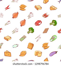 Cheeses, Cutlery, Seafood, Table setting and Vegetables set. Background for printing, design, web. Usable as icons. Seamless. Colored.