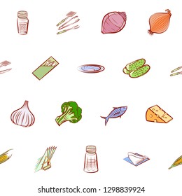 Cheeses, Cutlery, Seafood, Table setting and Vegetables set. Background for printing, design, web. Usable as icons. Seamless. Colored.
