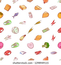 Cheeses, Cutlery, Seafood, Table setting and Vegetables set. Background for printing, design, web. Usable as icons. Seamless. Colored.
