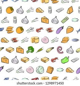 Cheeses, Cutlery, Seafood, Table setting and Vegetables set. Background for printing, design, web. Usable as icons. Seamless. Colored.