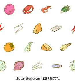 Cheeses, Cutlery, Seafood, Table setting and Vegetables set. Background for printing, design, web. Usable as icons. Seamless. Colored.