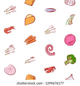 Cheeses, Cutlery, Seafood, Table setting and Vegetables set. Background for printing, design, web. Usable as icons. Seamless. Colored.