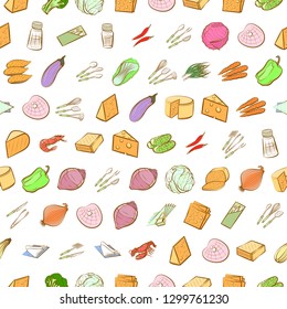 Cheeses, Cutlery, Seafood, Table setting and Vegetables set. Background for printing, design, web. Usable as icons. Seamless. Colored.