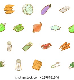 Cheeses, Cutlery, Seafood, Table setting and Vegetables set. Background for printing, design, web. Usable as icons. Seamless. Colored.