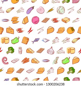 Cheeses, Cutlery, Seafood, Table setting and Vegetables set. Background for printing, design, web. Usable as icons. Seamless. Colored.