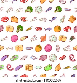 Cheeses, Cutlery, Seafood, Table setting and Vegetables set. Background for printing, design, web. Usable as icons. Seamless. Colored.
