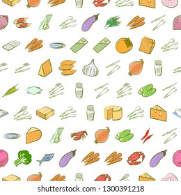 Cheeses, Cutlery, Seafood, Table setting and Vegetables set. Background for printing, design, web. Usable as icons. Seamless. Colored.