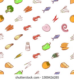 Cheeses, Cutlery, Seafood, Table setting and Vegetables set. Background for printing, design, web. Usable as icons. Seamless. Colored.