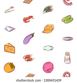 Cheeses, Cutlery, Seafood, Table setting and Vegetables set. Background for printing, design, web. Usable as icons. Seamless. Colored.