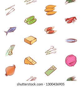Cheeses, Cutlery, Seafood, Table setting and Vegetables set. Background for printing, design, web. Usable as icons. Seamless. Colored.