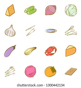 Cheeses, Cutlery, Seafood, Table setting and Vegetables set. Background for printing, design, web. Usable as icons. Colored.