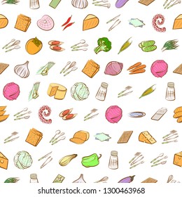 Cheeses, Cutlery, Seafood, Table setting and Vegetables set. Background for printing, design, web. Usable as icons. Seamless. Colored.
