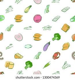 Cheeses, Cutlery, Seafood, Table setting and Vegetables set. Background for printing, design, web. Usable as icons. Seamless. Colored.