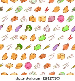 Cheeses, Cutlery and Vegetables set. Background for printing, design, web. Usable as icons. Seamless. Colored.