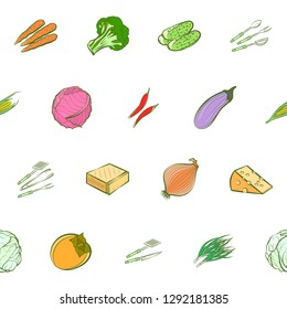 Cheeses, Cutlery and Vegetables set. Background for printing, design, web. Usable as icons. Seamless. Colored.