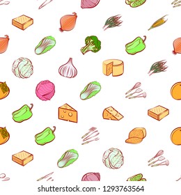 Cheeses, Cutlery and Vegetables set. Background for printing, design, web. Usable as icons. Seamless. Colored.