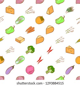 Cheeses, Cutlery and Vegetables set. Background for printing, design, web. Usable as icons. Seamless. Colored.
